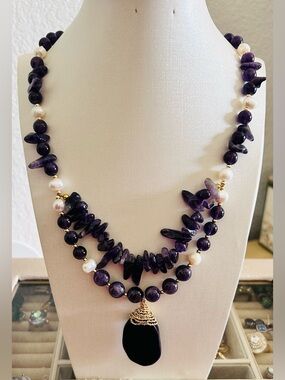Handcrafted Purple Amethyst & Pearl Layered Necklace